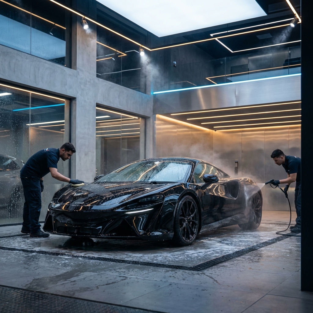 Professional luxury vehicle wash in a detailing studio